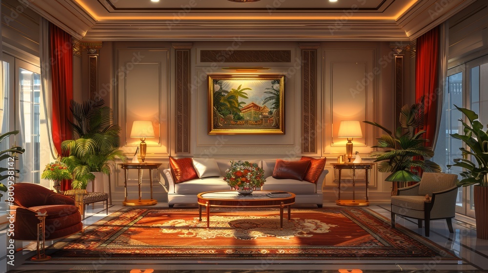 Luxury Living Room Luxurious Decor: An illustration featuring luxurious decor elements in a luxury living room Luxury Living Room Luxurious Decor: An illustration featuring luxurious decor elements in a luxury living room