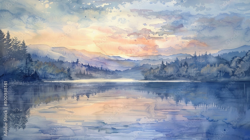 Peaceful watercolor panorama of a calm sea at dawn, the sky in hues of pink and lavender, creating a soothing ambiance