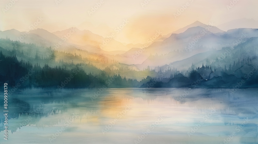 Peaceful watercolor painting of a misty mountain landscape at dawn, the soothing colors reflecting the clinic's commitment to comfort and healing