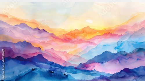 Peaceful watercolor of an alpine landscape at sunset, the colors melting into each other, creating a warm, comforting glow photo