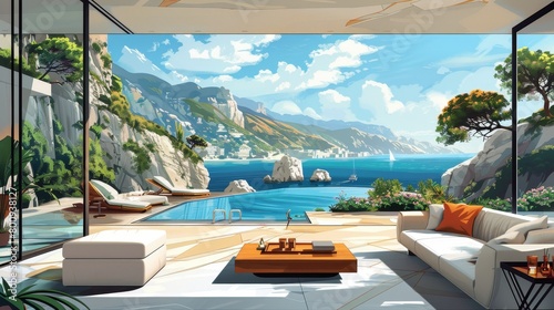 Luxury Living Room Magnificent View: An illustration featuring a luxury living room with a magnificent view