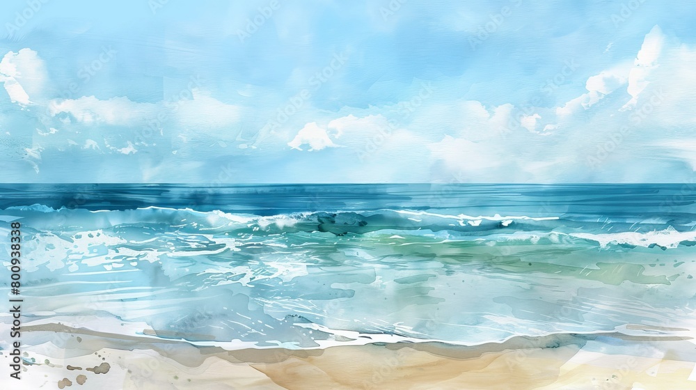Fototapeta premium Peaceful watercolor seascape depicting a quiet beach with soft waves lapping at the sandy shore, creating a soothing atmosphere