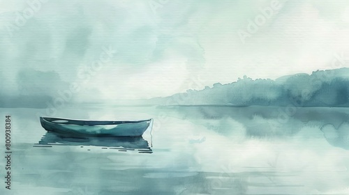 Reflective watercolor illustration of a small boat on tranquil waters, surrounded by the stillness of a foggy morning, enhancing a calm clinic decor