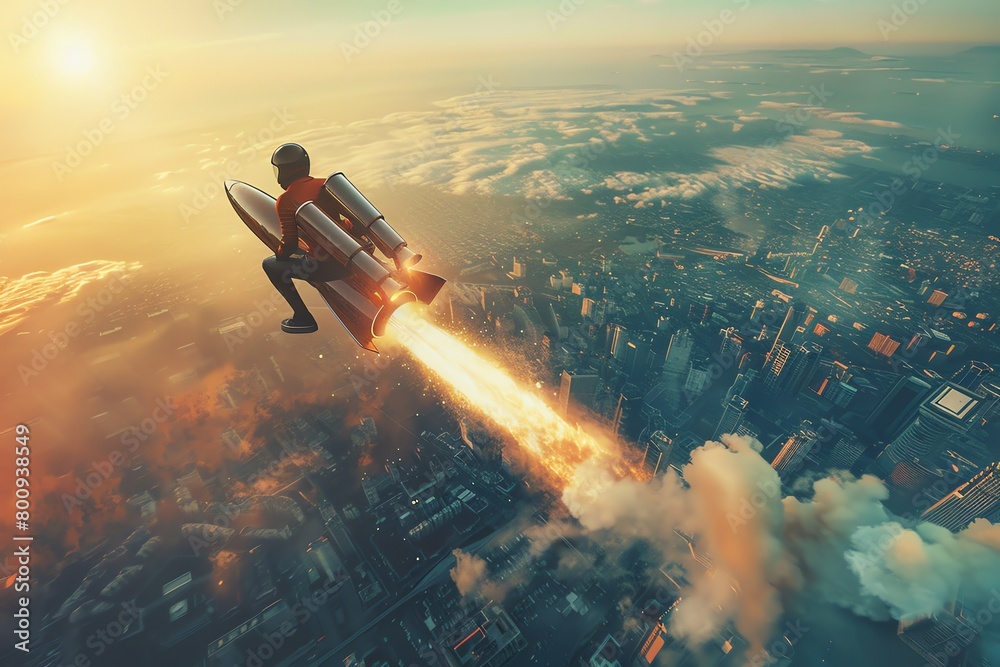 Obraz premium A surreal photo of a corporate professional soaring on a rocket over a bustling metropolis, epitomizing ultimate success