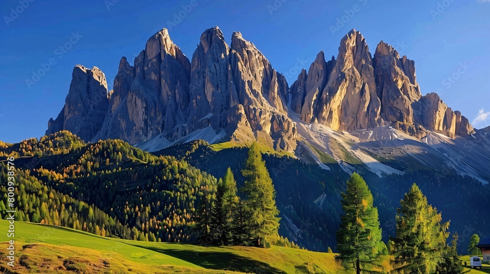 The peaks of the Geisler Group in the Dolomites of Europe.