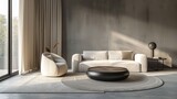 Minimalist Living Room Monochromatic Scheme: A 3D illustration showcasing a minimalist living room