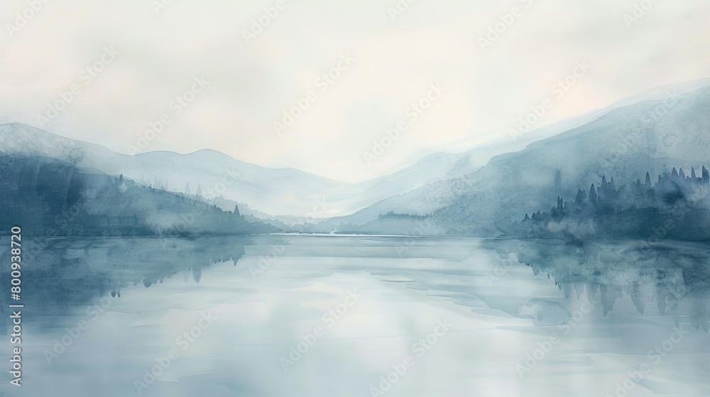 Serene watercolor of a gentle lake at dawn, soft pastel colors reflecting tranquility and peace, ideal for a healing environment Serene watercolor of a gentle lake at dawn, soft pastel colors reflecting tranquility and peace, ideal for a healing environment