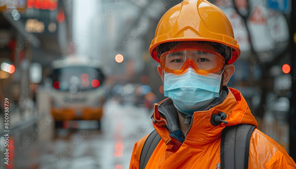 A health and safety officer at a construction site ensuring all workers follow virus protection guidelines, hard hats and masks A health and safety officer at a construction site ensuring all workers follow virus protection guidelines, hard hats and masks