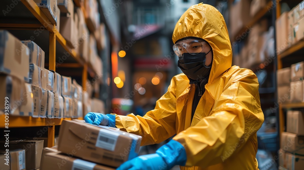 A delivery worker disinfecting packages before delivery to ensure safety from virus contamination A delivery worker disinfecting packages before delivery to ensure safety from virus contamination
