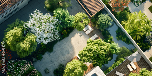 Garden with walkways and green grass. Photo taken from above drone Top View Of Various Green Trees, Bushes, And Shrubs For Landscape Design. 