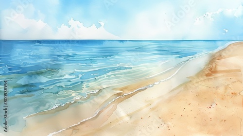 Serene watercolor of a sandy beach stretching into a calm sea  soft blues and tans creating a peaceful atmosphere