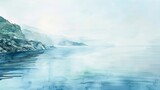Panoramic watercolor of a tranquil sea under a soft morning fog, the horizon barely visible, ideal for enhancing the calming clinic environment