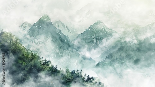 Serene watercolor vista of a high mountain peak with mist rolling in  the subtle hues promoting a soothing atmosphere