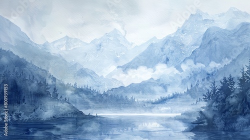 Panoramic watercolor of a misty mountain landscape, hues of blue and gray promoting tranquility and reflecting the clinic's peaceful ethos photo