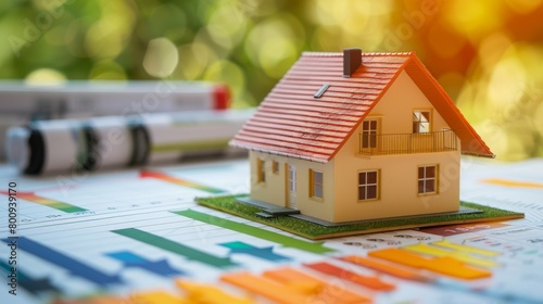 A small model house sits on a table next to a chart with grades A through G and different colored arrows