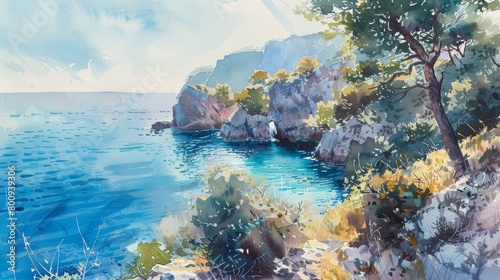 Peaceful watercolor of a coastal cliff view, overlooking a tranquil sea, with soft color gradients enhancing the sense of peace