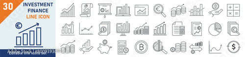 Investiment icons Pixel perfect. Investment business icon set. Set of 30 outline icons related to investment, solution, progress, success. Linear icon collection. Editable stroke. Vector illustration. photo