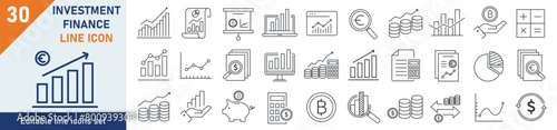 Investment icons Pixel perfect. Investment business icon set. Set of 30 outline icons related to investment, solution, progress, success. Linear icon collection. Editable stroke. Vector illustration.