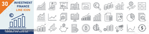 Investiment icons Pixel perfect. Investment business icon set. Set of 30 outline icons related to investment, solution, progress, success. Linear icon collection. Editable stroke. Vector illustration.