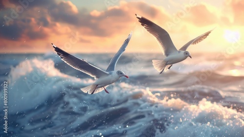 A captivating image of two seagulls, soaring together over the ocean, symbolizing the freedom and adventure of best friendships on National Best Friends Day. photo