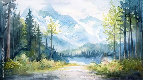 Peaceful watercolor of a forest leading to snow-capped mountains, the natural path symbolizing the journey to health and recovery © Alpha