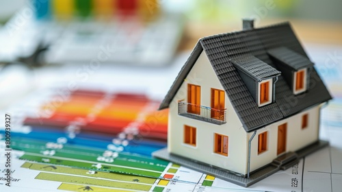 A small model house sits on a table next to a chart with grades A through G and different colored arrows