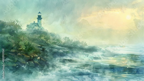 Peaceful watercolor of a lighthouse overlooking a misty coastline, the gentle fog blending with soft ocean hues for a tranquil setting