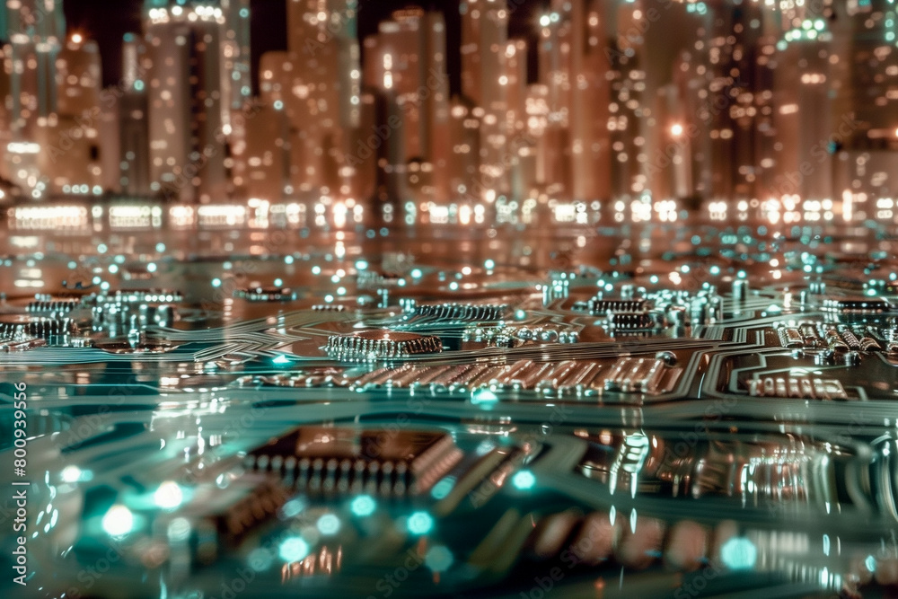 Aerial view of surreal night cityscape made by electronics circuit board with glowing light in concept technology, A.I., AI, digital.