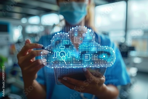 Cloud computing environment in healthcare, doctors accessing patient data through secure cloud networks, hospital setting, focus on connectivity and security