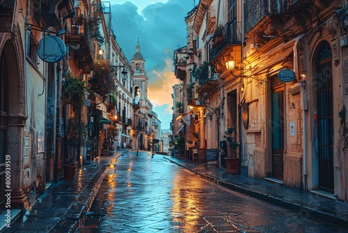 A twilight view of the urban landscape and streets of Italy.