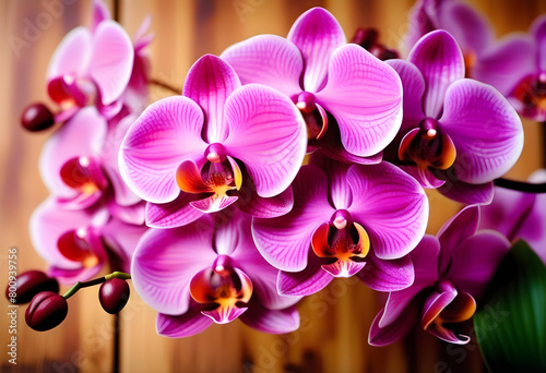 pink orchid flowers on a wooden background with soft lighting and a bokeh effect