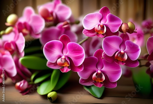 pink orchid flowers arranged on a wooden background, with soft focus and bokeh effect photo