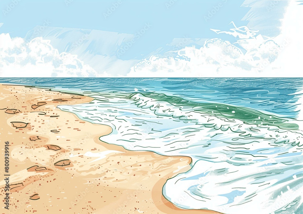 Serene Beach Landscape with Foamy Waves and Sunny Sky Illustration