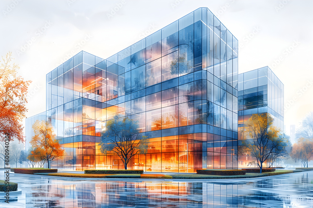 Modern Glass Tower Architectural Rendering with Waterscape