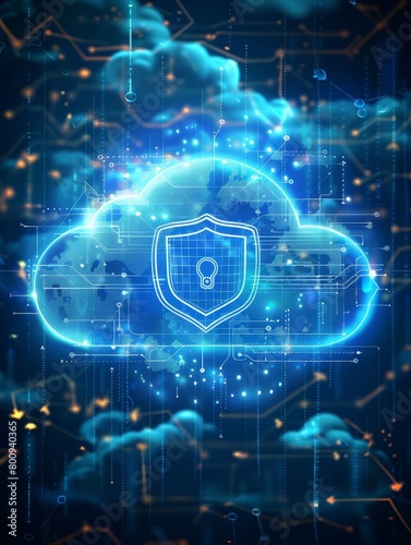 Cloud computing security theme features a firewall graphic atop a virtual cloud with tech interface elements