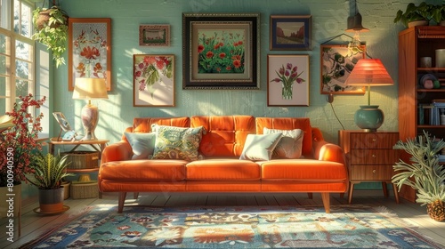 Vintage Living Room Retro Feel: A 3D illustration highlighting a vintage living room with a retro feel © MAY