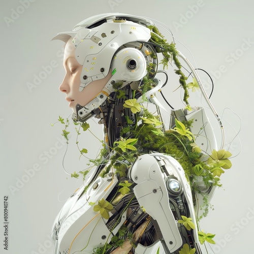 A robotic goddess merging with nature, her limbs transforming into sleek, bio engineered flora photo