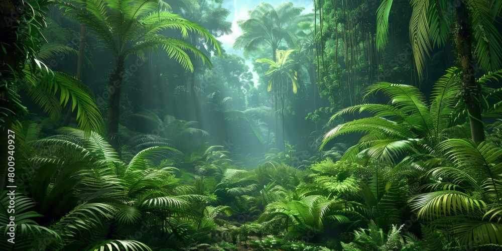 green tropical jungle forest  with ferns and giant trees,  mystery and adventure.nature background