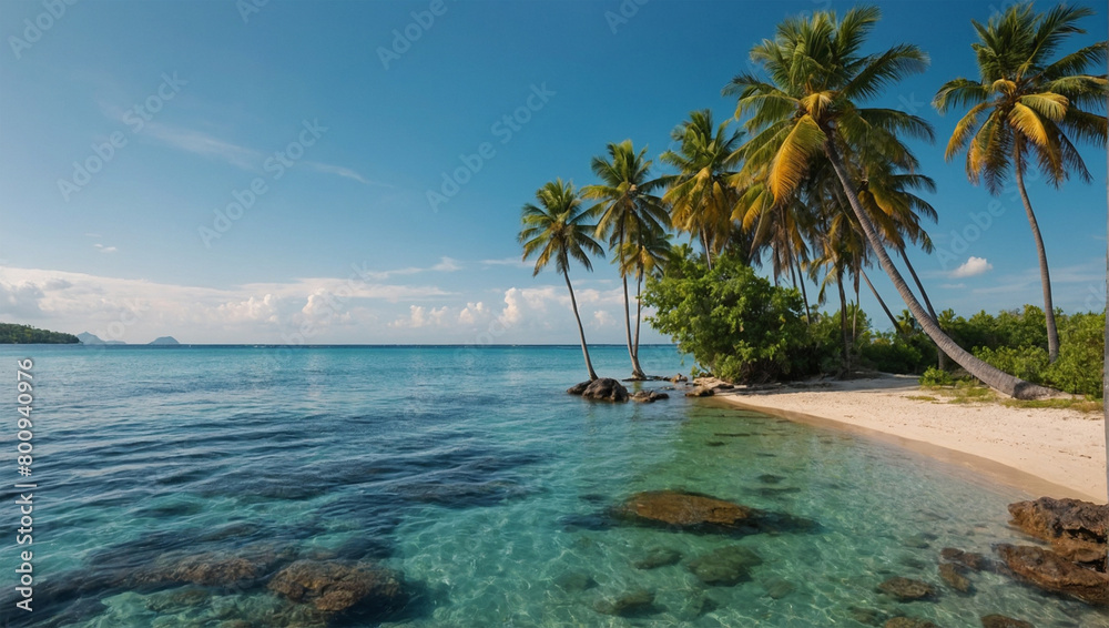 Tropical beach with palm trees and sea in summer.