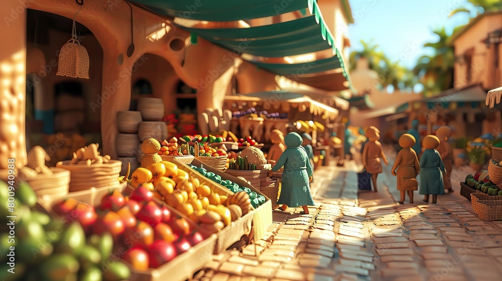 3D rendering of a clay style bustling market scene, with vibrant stalls and animated clay people shopping