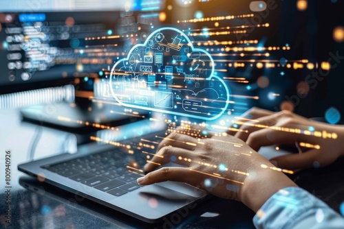 Cloud computing trends analysis in an office setting, large live-update dashboards, team of analysts discussing strategies