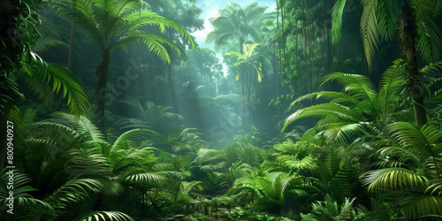 green tropical jungle forest  with ferns and giant trees   mystery and adventure.nature background