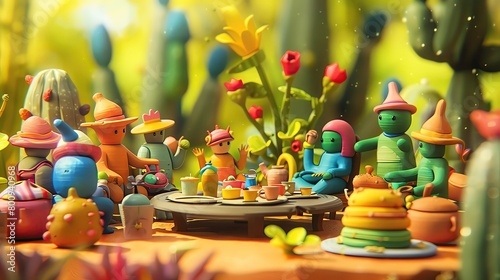 Detailed clay style depiction of a garden party  with guests made from colorful clay  enjoying a sunny day