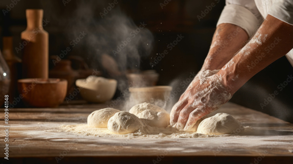 Chef's hands kneading dough with flour in the kitchen to make bakery or pizza.