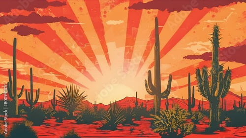 Screen printed style pushing over desert scrub and cactus in the New Mexico desert with sunset rays overhead photo