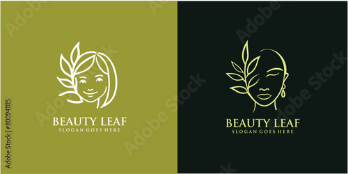 beauty leaf logo design, leaf icon blends with female face silhouette with creative concept free Vector. photo