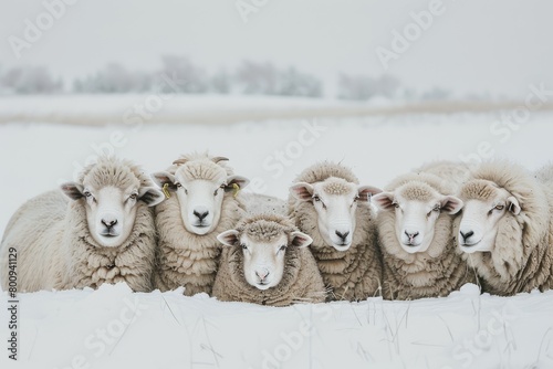 sheep huddled together for warmth photo