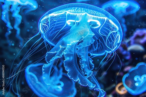 Close up of neon blue jellyfish swimming in a virtual ocean, pulsating with electric hues