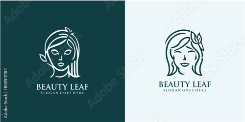 beauty leaf logo design, leaf icon blends with female face silhouette with creative concept free Vector. photo