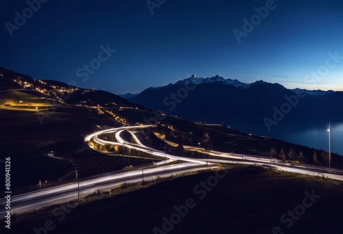 'night highway switzerland lavaux traffic expressway autobahn street auto route autoroute swiss twilight light long exposure fficult terrain lausanne montreux'